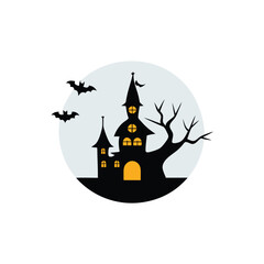 Spooky Halloween Haunted House Silhouette with Bats and a Full Moon for Holiday Themed Designs and Invitations