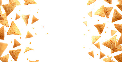 Falling triangular yellow tortilla chips isolated on a transparent background