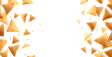 Falling triangular yellow tortilla chips isolated on a transparent background