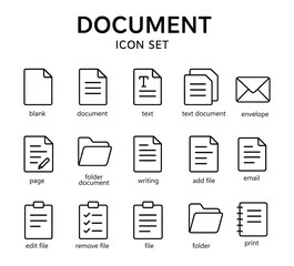 Document vector web icon set in modern line style, linear document icons for web and mobile app, featuring contract papers, folder, certificate, approval, clipboard, invoice, archive