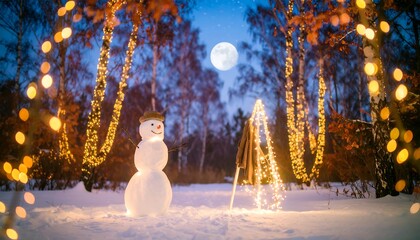 Fototapeta premium Snowy snowman in a winter forest at night