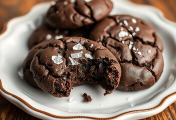 A plate of dark chocolate cookies, one with a bite taken out, revealing a cracked, rich texture, sprinkled with sea salt,   crumbly,  baked goods