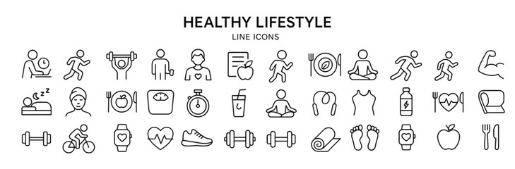 Healthy lifestyle vector web icon set in modern line style, fitness and sport icons for web and mobile app, including physical activity, exercise, gym, rest, sleep, body care and diet