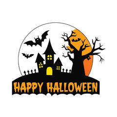 Happy Halloween Vector Illustration Featuring a Spooky Haunted House Bats a Bare Tree and a Full Moon Backdrop