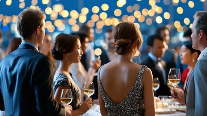 Sophisticated Gathering: Guests mingle amidst a sea of soft bokeh, enjoying the ambiance of a stylish event, with flutes of wine, representing a sense of celebration, luxury, and social connection.