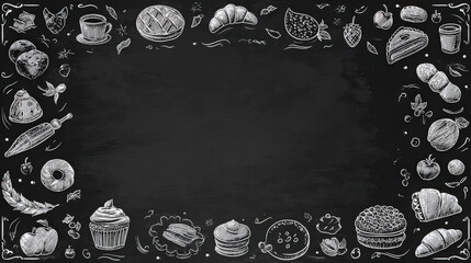 blank chalkboard template with bakery-themed doodles