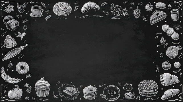 blank chalkboard template with bakery-themed doodles