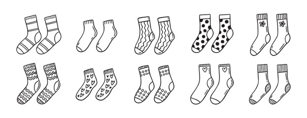 Cute socks doodle hand drawn icon set. Outline drawing cute socks line clipart symbol collection