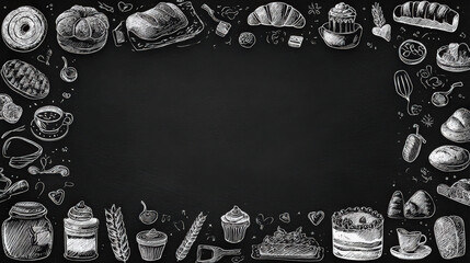 blank chalkboard template with bakery-themed doodles