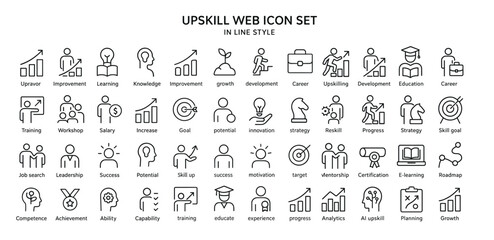 Upskill vector web icon set in modern line style, personal growth linear icons for web and mobile app, including development, education, career, reskill, progress, strategy, skill goals