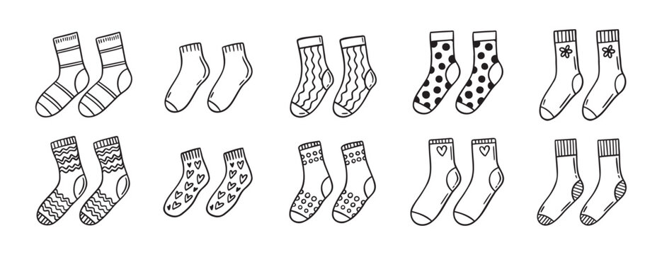 Naklejki Cute socks doodle hand drawn icon set. Outline drawing cute socks line clipart symbol collection