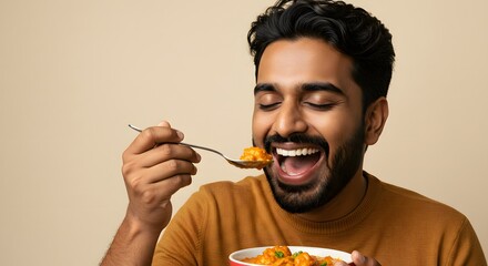 Happy Man Enjoying Indian Butter Chicken