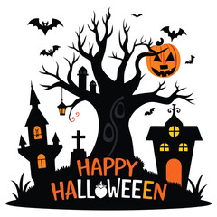 Spooky Halloween Scene with Haunted Houses Bats a Tree Pumpkin and the Words Happy Halloween