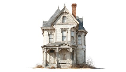 Illustration of an aged, Victorian house with intricate architectural details. Weathered facade, broken windows, and a decaying porch suggest an abandoned, possibly haunted, gothic estate.