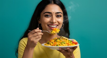 Happy Woman Enjoying Steaming Biryani