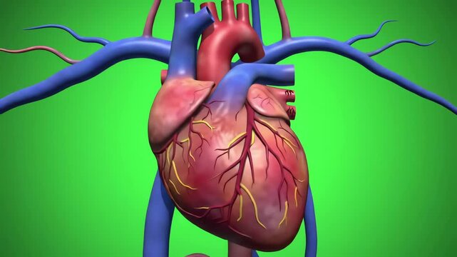 Anatomically correct close-up of a human heart with major blood vessels on a green screen