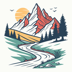 Stylized Mountain Landscape with River and Nature Elements