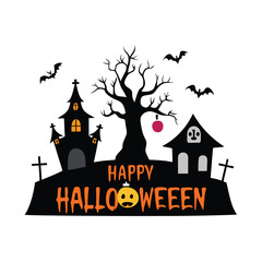 Whimsical Halloween Scene with Haunted Houses Bats Bare Tree and a Happy Halloween Message in Orange