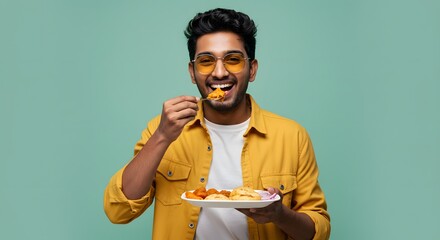 Happy Young Man Enjoying Indian Food on Teal Background