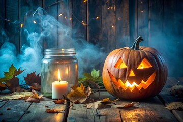 Spooky Halloween Night Scene with Jack O Lantern Candle and Fog