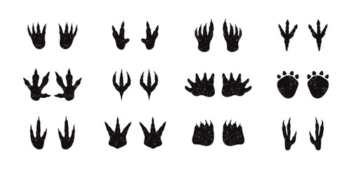 Dinosaur footprint silhouette textured grunge doodle hand drawn icon set. Drawing line clipart symbol collection