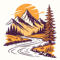 Mountain Landscape Scene with River and Trees