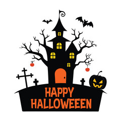 Whimsical Halloween Illustration Featuring a Haunted House Bats Pumpkins and Tombstones Against a White Background for Festive Celebrations