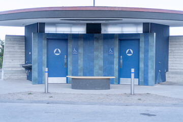 Exterior of an all gender public bathroom at Jalama Beach campground in Lompoc, California.