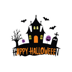 Whimsical Halloween Vector Illustration Featuring a Spooky Haunted House Bats Tombstone and Candy with Happy Halloween Text