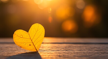 Fototapeta premium Close up of a yellow heart shaped leaf on a wooden surface with a blurred golden background at sunset