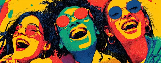 Obraz premium Illustration of friends looking down with sunglasses and smiling, hip style