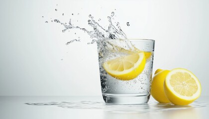 Invigorating Glass Of Water With A Splash Of Lemon On A White Background: Hydration And Citrus Goodness Combined In A Single Glass.