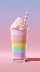 A vibrant 3D cartoon of bubble milk tea with a colorful rainbow gradient background.