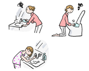 困った顔で掃除やシャンプーをする女性