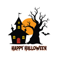 Spooky Halloween Haunted House with a Dead Tree Bat and Full Moon on a White Background Illustration
