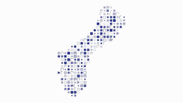 Guam map animation. Shape of the country with pulsating colored dots. Large size rounded square blocks. Digital style Guam map on white background. Artistic video.