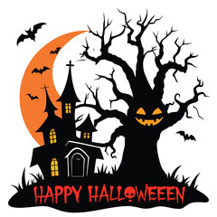 Spooky Halloween Night Vector Illustration with Haunted House Bare Tree Bats and Orange Moon for Holiday Designs
