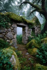 Fototapeta premium Stone ruin overgrown with mossy plants