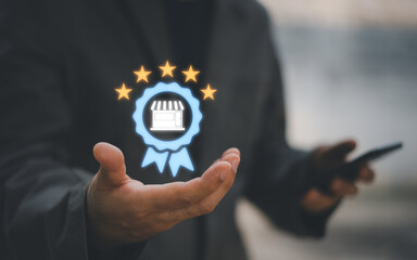 Certified business concept with quality assurance icon top of service in hand, representing trusted services and verified shops. Ideal for e-commerce, brand trust, or digital marketing visuals.