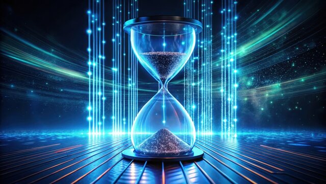 futuristic hourglass with binary code as sand and glowing neon lights in dark space