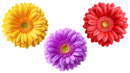 Daisy flower purple ,red,yellow,white, pink,violet, Lavender and  peach collection on transparent background.