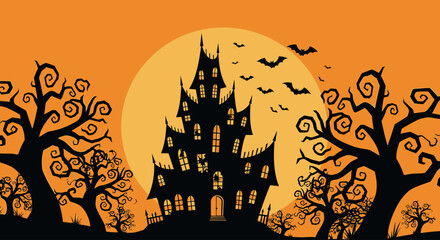 Halloween Haunted House Silhouette with Moon and Bats