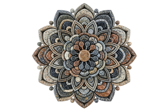 Intricate flower mandala design made from natural stone pebbles isolated on a transparent background