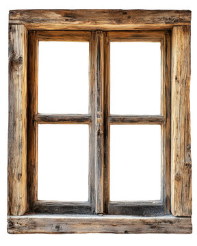 Old rustic wooden window frame with four panes isolated on transparent background