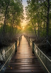 Wooden Bridge Through Lush Forest at Sunrise.