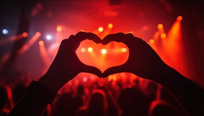 Heart-Shaped Hands Waving In Excitement At Concert, Reveling In The Artist And Festival. Electric Atmosphere With Lights, Silhouettes Of Concertgoers.