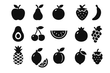 Fruit Silhouettes: A collection of stylized fruit icons in a modern, minimalistic aesthetic, showcasing various types of delicious and vibrant produce for healthy eating.