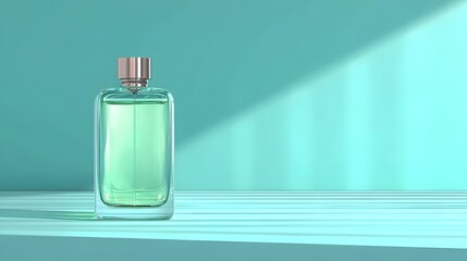 A mint-green glass perfume bottle sits elegantly on a light teal surface, illuminated by a soft, dramatic light source.