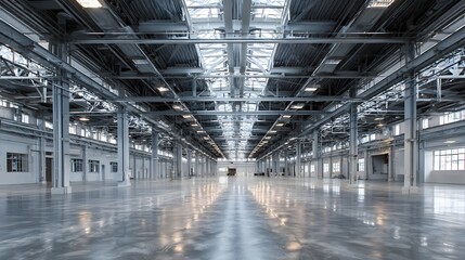 Naklejka premium Modern empty warehouse with symmetrical roof trusses, glossy epoxy floor, bright skylight reflections