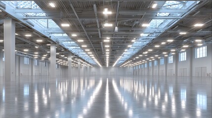 Futuristic empty factory hall interior, LED ceiling lights, smooth polished surfaces, photorealism